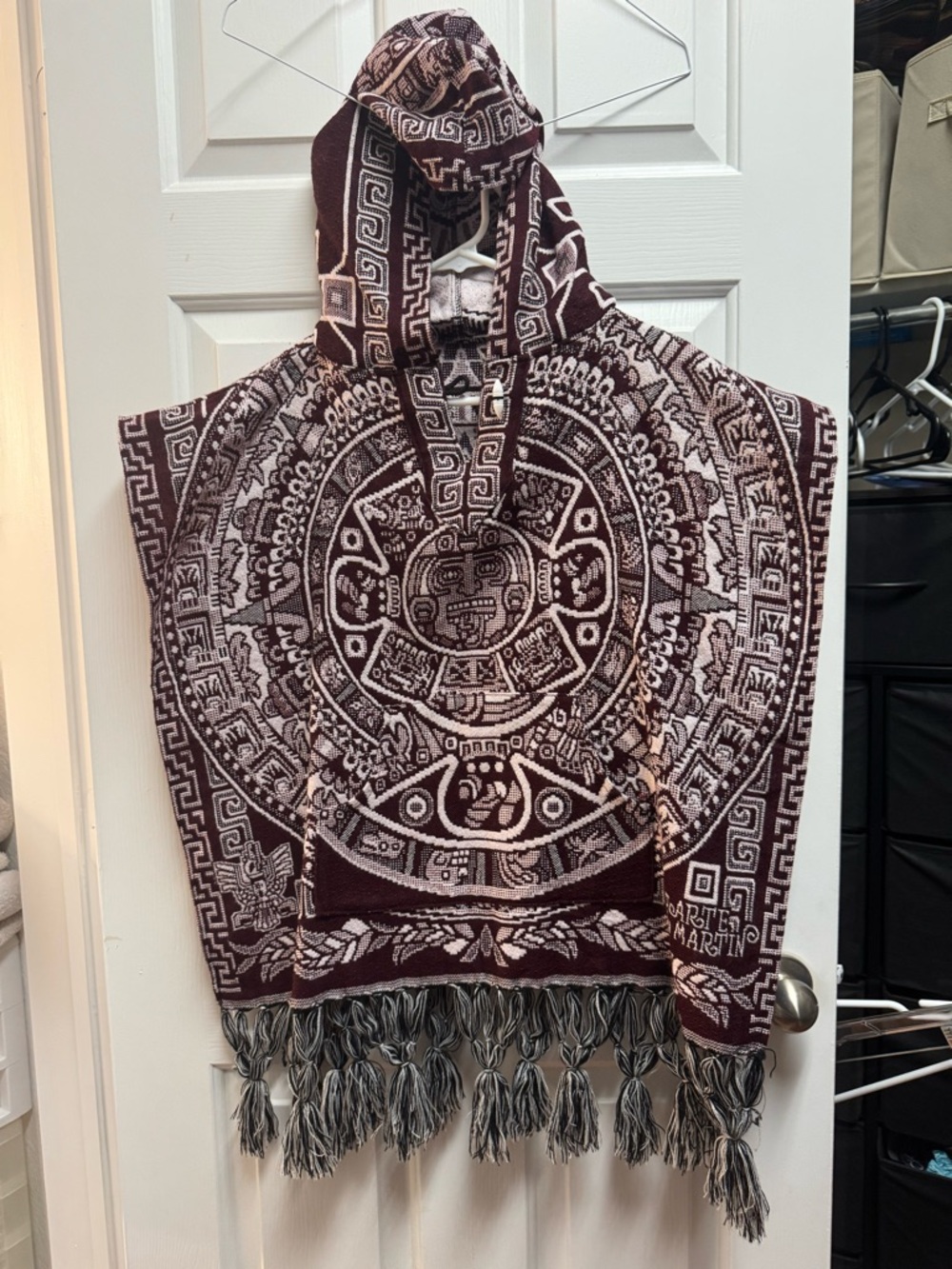Aztec Hooded Poncho in Maroon & Cream from Hildago